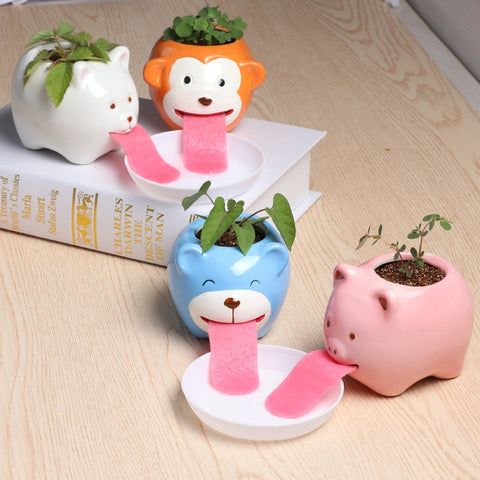 Cute DIY Self-Watering Flowerpot Home Garden Decor Mini Planter Pots Polar Bear Monkey Shaped Succulent Plant Flower Pot Trays