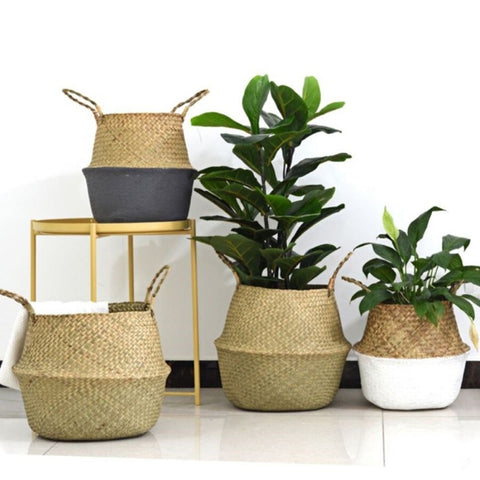 Handmade Storage Basket Foldable Seagrass Laundry Basket Rattan Flower Pot Planter Basket Vase Straw Organizer Home Garden Decor