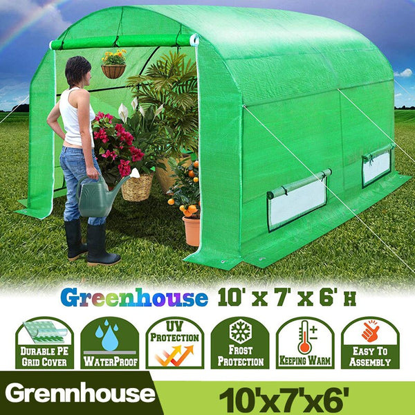 AULAYSED New Tunnel Greenhouse 10' X7'X6' Larger Insulation Garden House Durable 2 Doors Large Bird Pest Control with Iron Stand