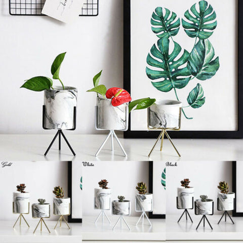 Iron Plant Vase Stand Planter Holder Marble Ceramic Flower Pot Shelf Rack Garden
